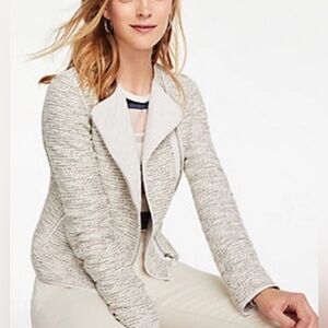 Ann Taylor Black Gray White Quilted Tweed Metallic Moto Jacket Size 6